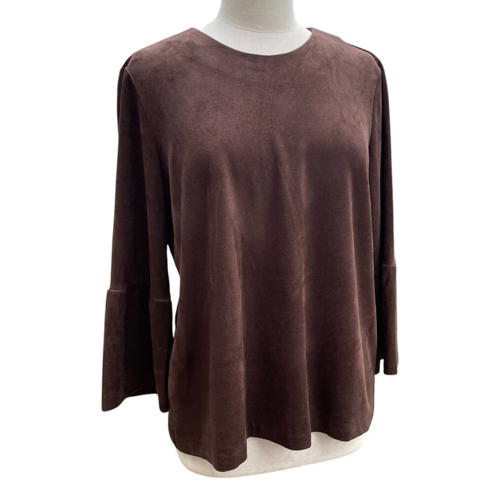 J McLaughlin Chocolate Brown Faux Suede Top Bell Sleeve Indie Boho Whimsigoth-XL